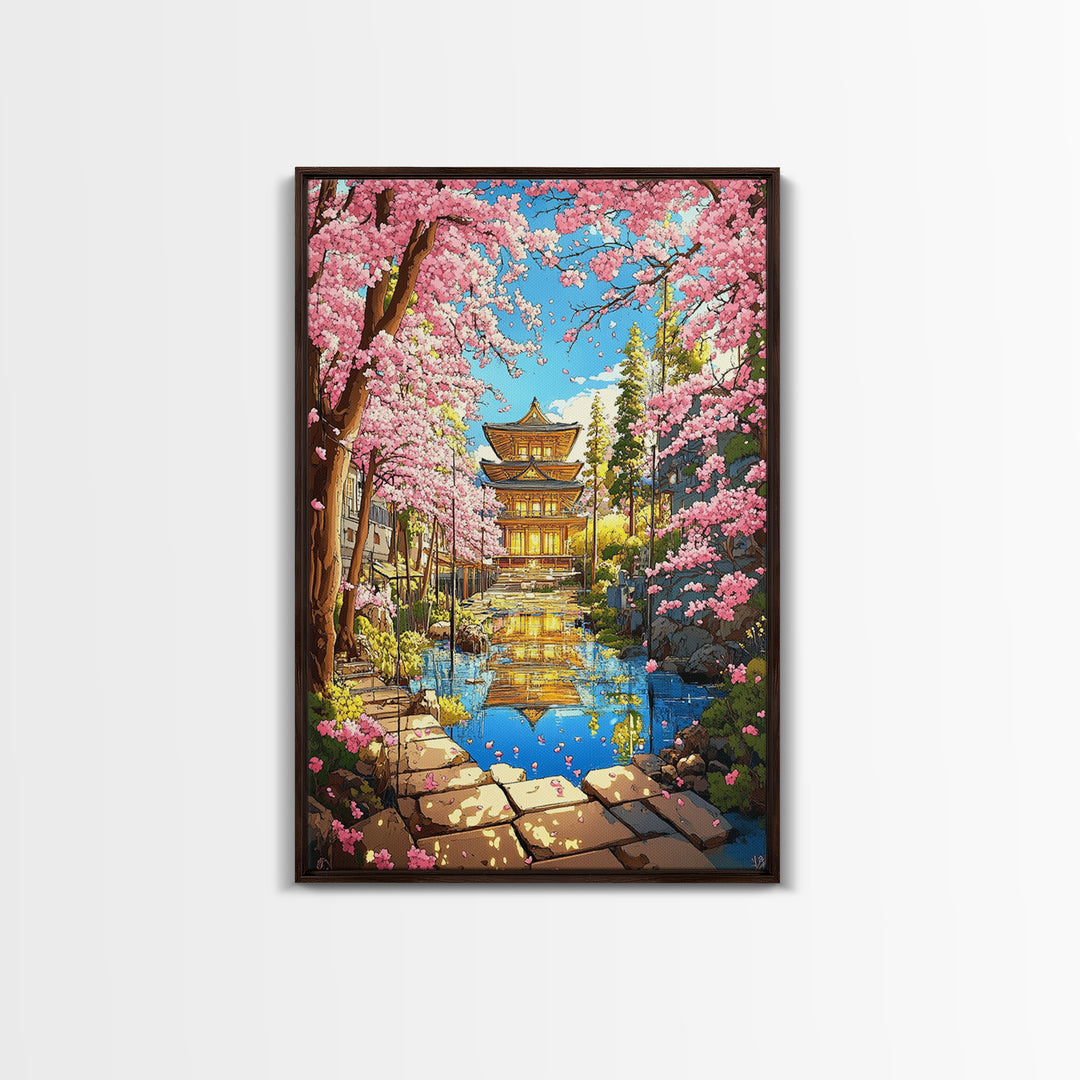 Golden Temple Reflected In Cherry Blossom Canal Wall Art, Japanese Garden Canvas Print, Colorful Spring Living Room Decor