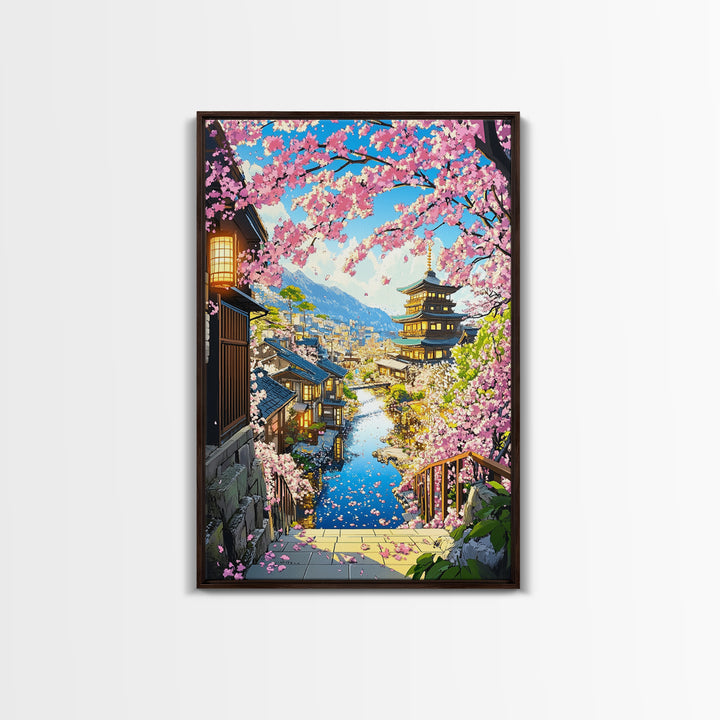 Cherry Blossom Hillside Town With Pagoda Framed Canvas Print, Japanese Cityscape Wall Art, Coastal Spring Home Decor Gift For Her