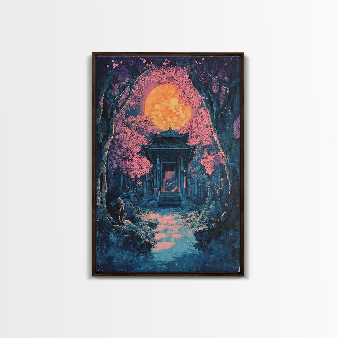 Full Moon Shrine In Pink Cherry Blossom Grove Wall Art, Mystical Japanese Landscape Print, Moody Celestial Bedroom Decor