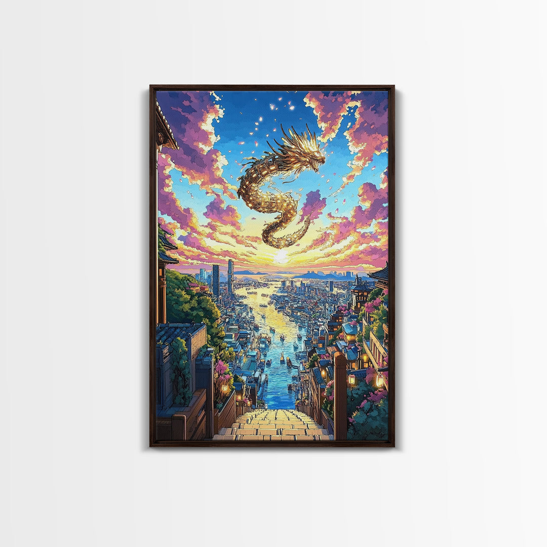 Golden Dragon City Sunset Canvas Print, Japanese Fantasy Wall Art, Vibrant Urban Landscape, Gamer Room Decor, Unique Gift