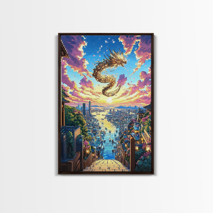 Golden Dragon City Sunset Canvas Print, Japanese Fantasy Wall Art, Vibrant Urban Landscape, Gamer Room Decor, Unique Gift