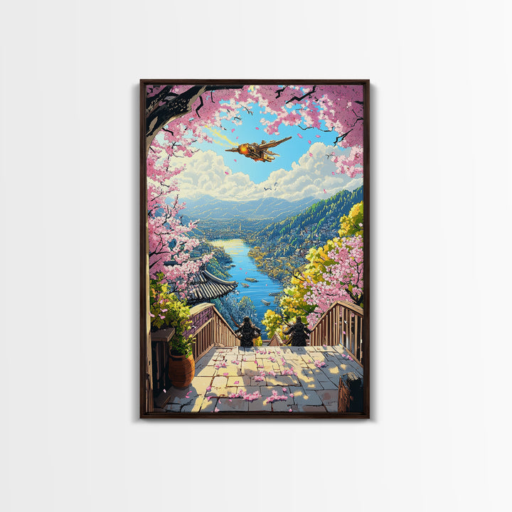 Airship Over Sakura Lake Wall Art, Fantasy Landscape Print, Japanese Mountain Decor, Whimsical Home Decor Gift For Her