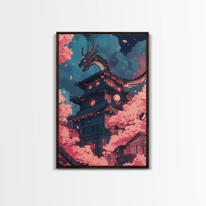Cherry Blossom Dragon Tower Wall Art, Japanese Fantasy Canvas Print, Anime Pagoda Decor, Sakura Night Living Room Art Home Decor