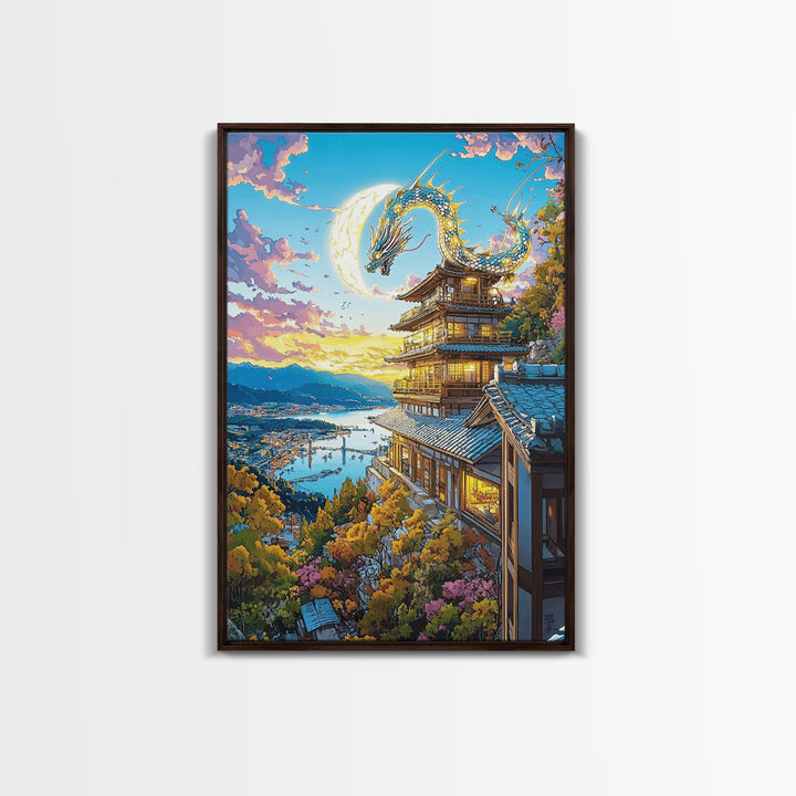 Golden Moon Dragon Temple Framed Canvas Print, Japanese Fantasy Wall Art, Sakura Landscape Decor, Living Room Art Home Decor