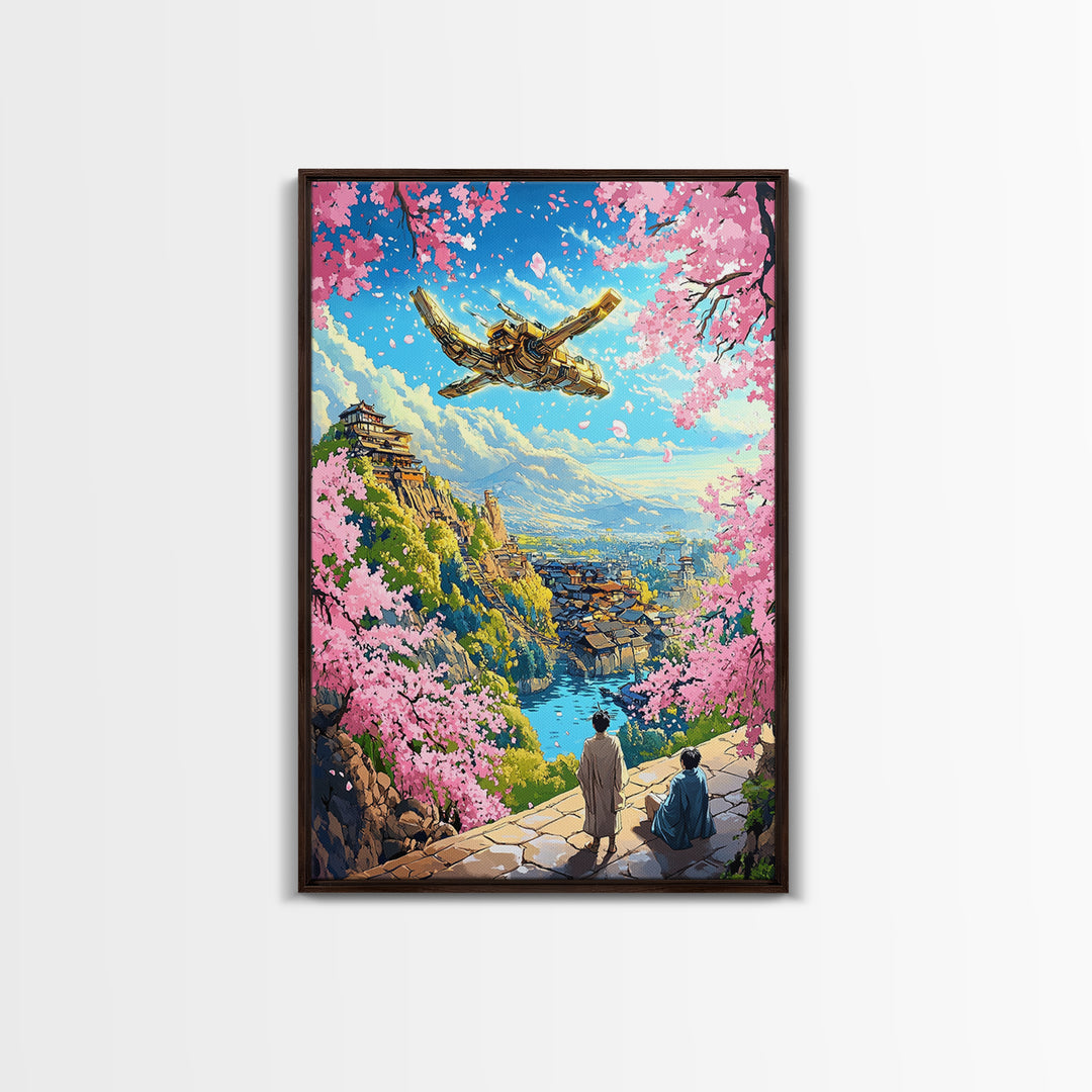 Flying Golden Airship Wall Art, Anime Sakura City Canvas Print, Japanese Fantasy Landscape Decor, Living Room Art Gift For Him