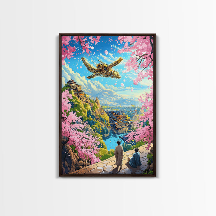 Flying Golden Airship Wall Art, Anime Sakura City Canvas Print, Japanese Fantasy Landscape Decor, Living Room Art Gift For Him