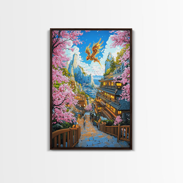 Golden Dragon Mountain Village Wall Art, Japanese Sakura Canvas Print, Anime Fantasy Landscape Decor, Colorful Living Room Art
