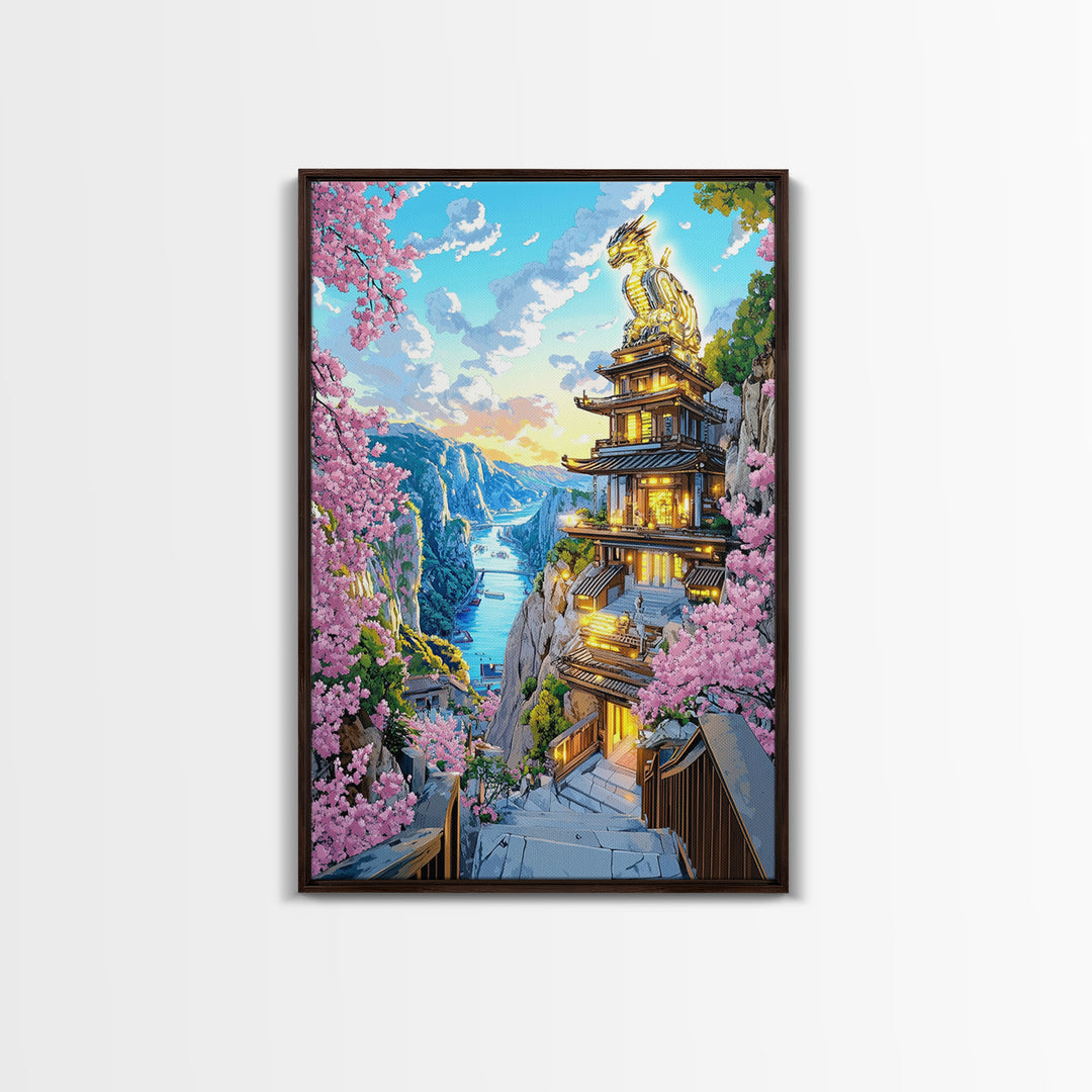 Cliffside Dragon Temple Framed Canvas Print, Sakura Mountain Landscape Wall Art, Japanese Fantasy Decor, Large Living Room Art