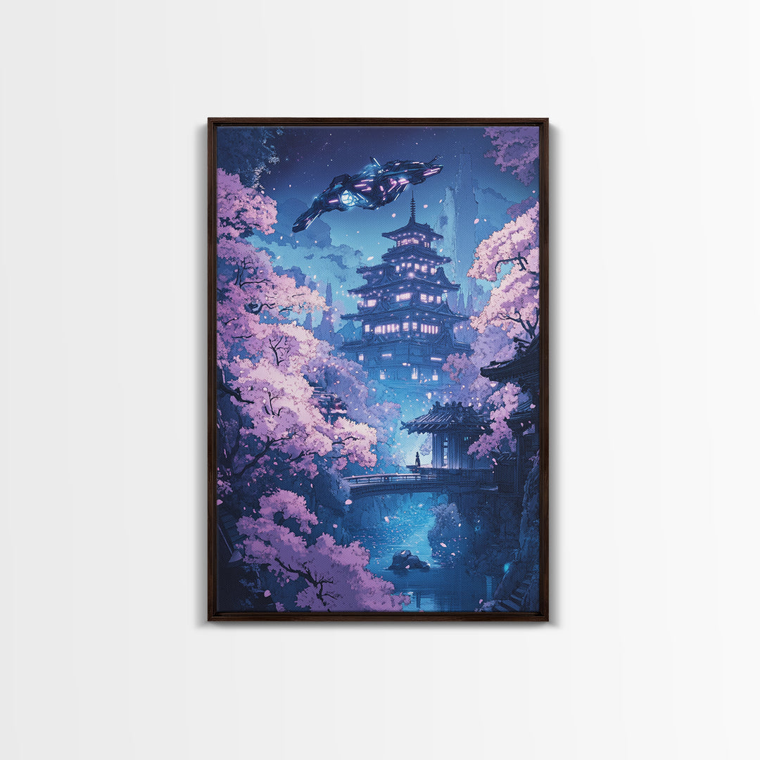 Futuristic Sakura Pagoda Wall Art, Purple Cherry Blossom Canvas Print, Sci Fi Japanese Landscape Decor, Bedroom Wall Art Gift For Her
