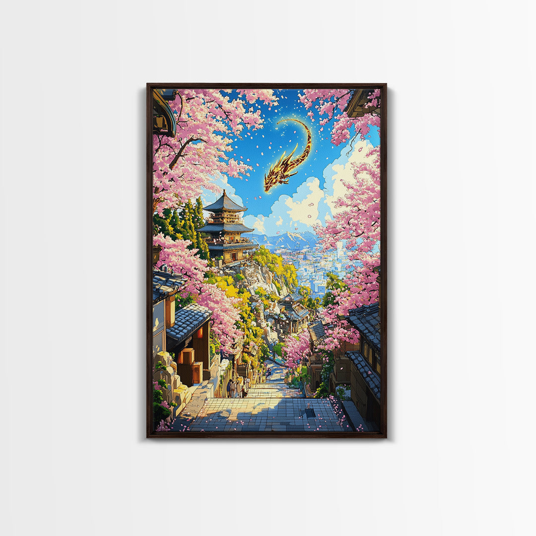 Golden Dragon Over Kyoto Pagoda Wall Art, Japanese Cherry Blossom Fantasy, Anime Landscape, Asian Home Decor, Living Room Art