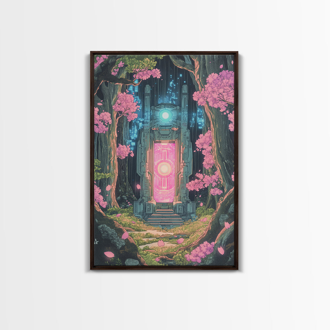 Neon Portal In Cherry Forest Framed Canvas Print, Cyberpunk Fantasy Wall Decor, Sci Fi Art, Modern Japanese Wall Art, Gaming Room Decor