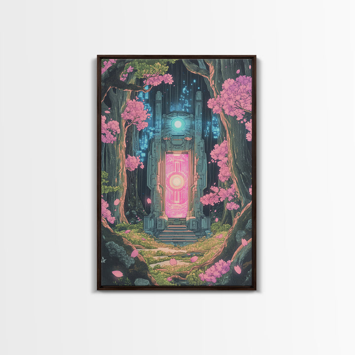 Neon Portal In Cherry Forest Framed Canvas Print, Cyberpunk Fantasy Wall Decor, Sci Fi Art, Modern Japanese Wall Art, Gaming Room Decor