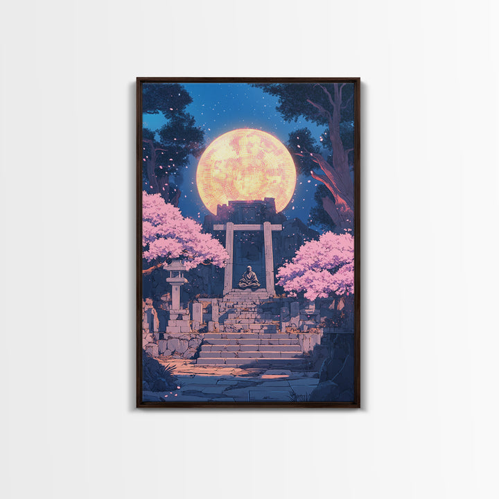 Glowing Moon Shrine With Meditating Monk Canvas Print, Japanese Wall Art, Cherry Blossom Decor, Zen Fantasy Living Room Art