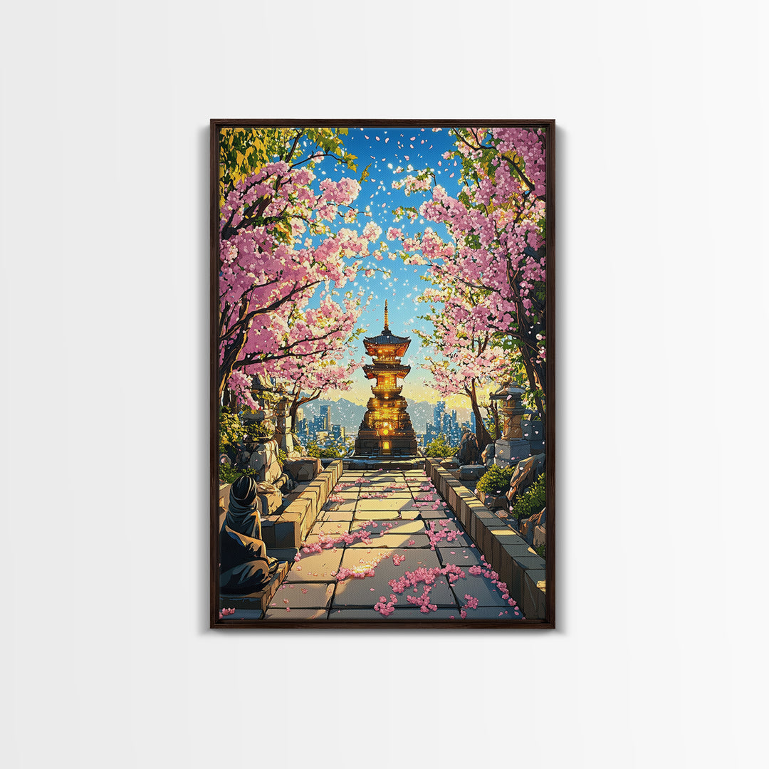 Cherry Blossom Pagoda Path Wall Art, Japanese Temple Landscape, Anime City Skyline, Spring Decor, Large Framed Canvas Print
