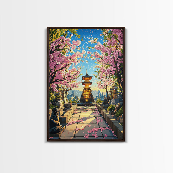 Cherry Blossom Pagoda Path Wall Art, Japanese Temple Landscape, Anime City Skyline, Spring Decor, Large Framed Canvas Print
