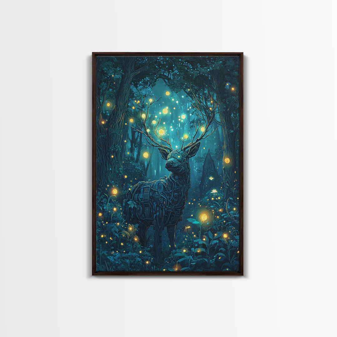 Mechanical Deer In Enchanted Forest Wall Art, Glowing Firefly Fantasy, Cyberpunk Animal Art, Whimsical Nature Canvas Print
