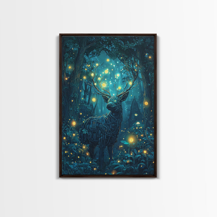 Mechanical Deer In Enchanted Forest Wall Art, Glowing Firefly Fantasy, Cyberpunk Animal Art, Whimsical Nature Canvas Print