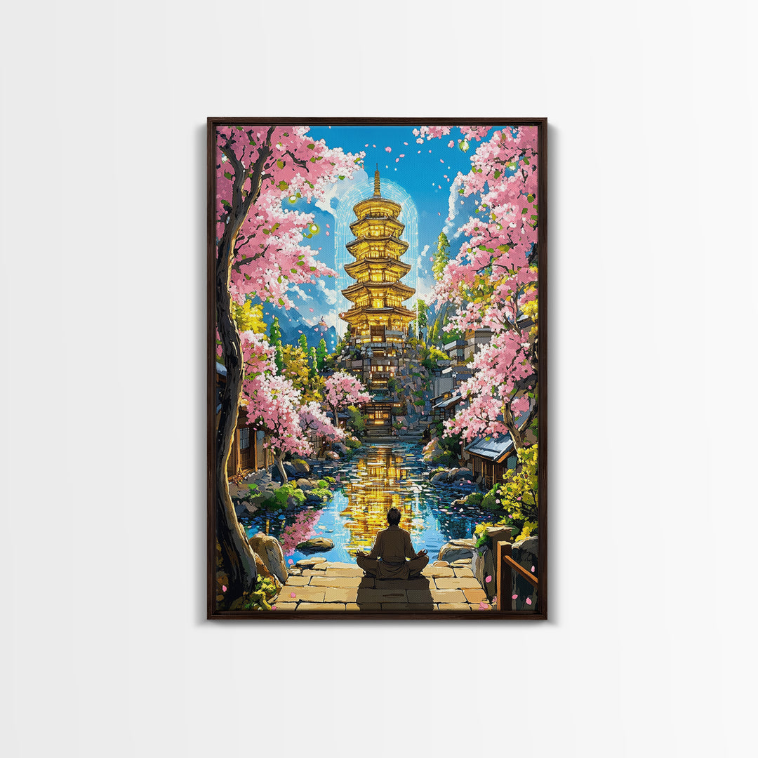 Golden Pagoda Reflecting On Canal Framed Canvas Print, Japanese Cherry Blossom Wall Art, Zen Landscape, Asian Home Decor