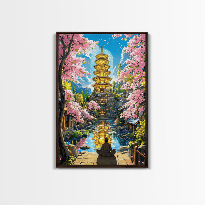Golden Pagoda Reflecting On Canal Framed Canvas Print, Japanese Cherry Blossom Wall Art, Zen Landscape, Asian Home Decor