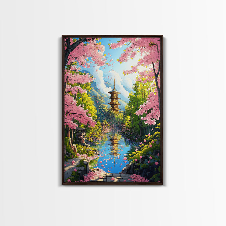 Cherry Blossom River Pagoda Canvas Print, Japanese Mountain Landscape Wall Art, Spring Nature Decor, Calming Living Room Art