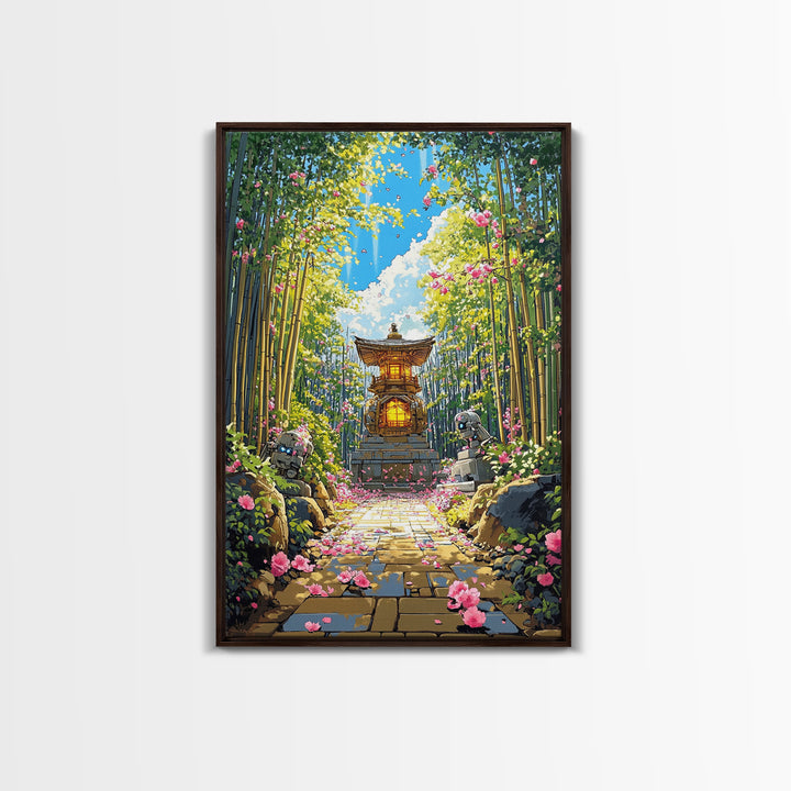 Sunlit Bamboo Garden Shrine Wall Art, Japanese Lantern Path, Pink Flower Decor, Zen Nature Art, Large Framed Canvas Print