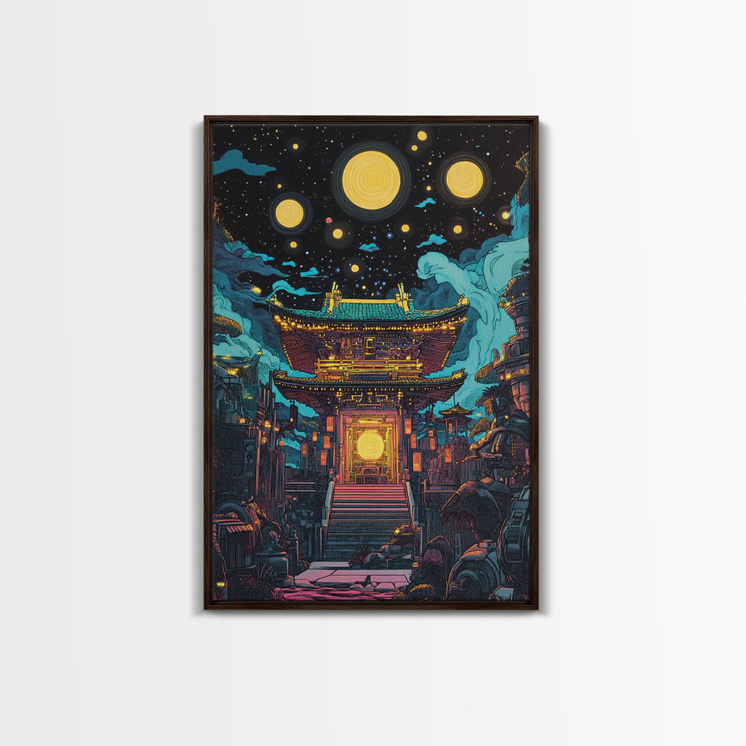 Starry Night Japanese Temple Wall Art, Glowing Moon Sci Fi Fantasy, Asian Cyberpunk Decor, Dark Academia Canvas Print, Home Decor
