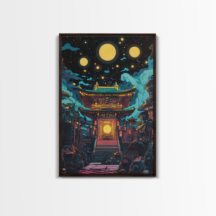 Starry Night Japanese Temple Wall Art, Glowing Moon Sci Fi Fantasy, Asian Cyberpunk Decor, Dark Academia Canvas Print, Home Decor