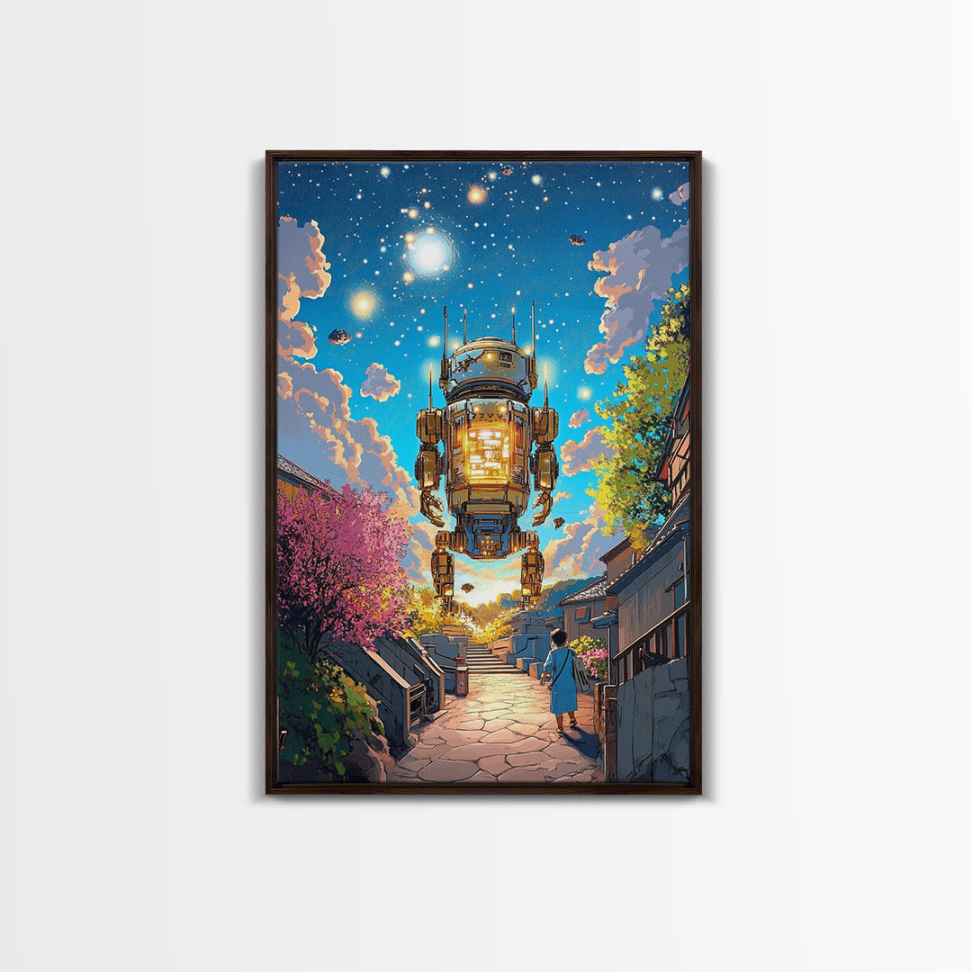 Floating Lantern Robot Wall Art, Futuristic Japanese Street Canvas Print, Cyberpunk Sakura Village Sci Fi Home Decor Gift