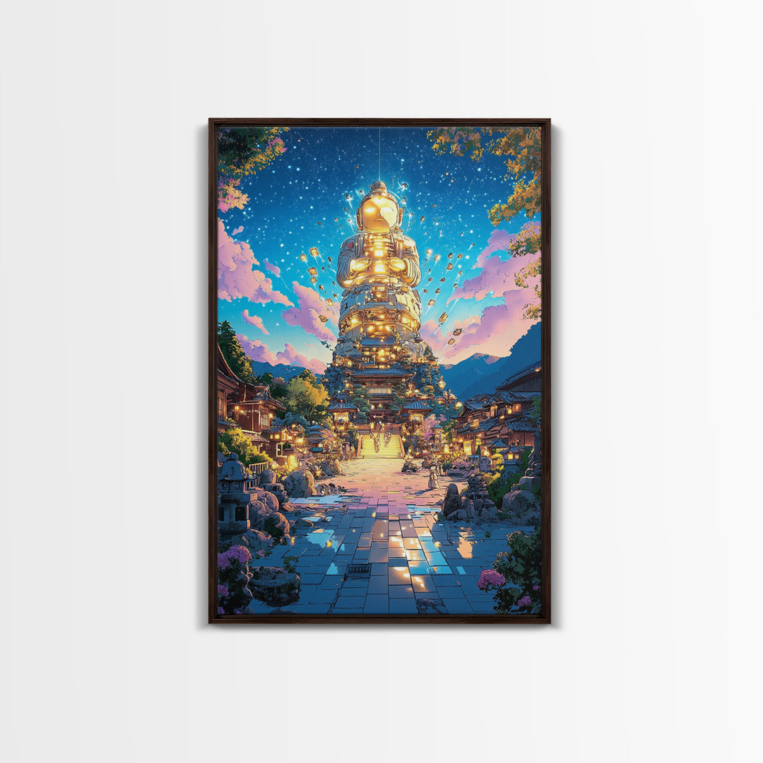 Golden Futuristic Buddha Temple Wall Art, Cyberpunk Japanese Village Canvas Print, Spiritual Sci Fi Decor For Meditation Room