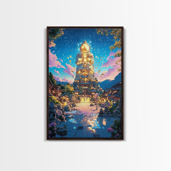 Golden Futuristic Buddha Temple Wall Art, Cyberpunk Japanese Village Canvas Print, Spiritual Sci Fi Decor For Meditation Room