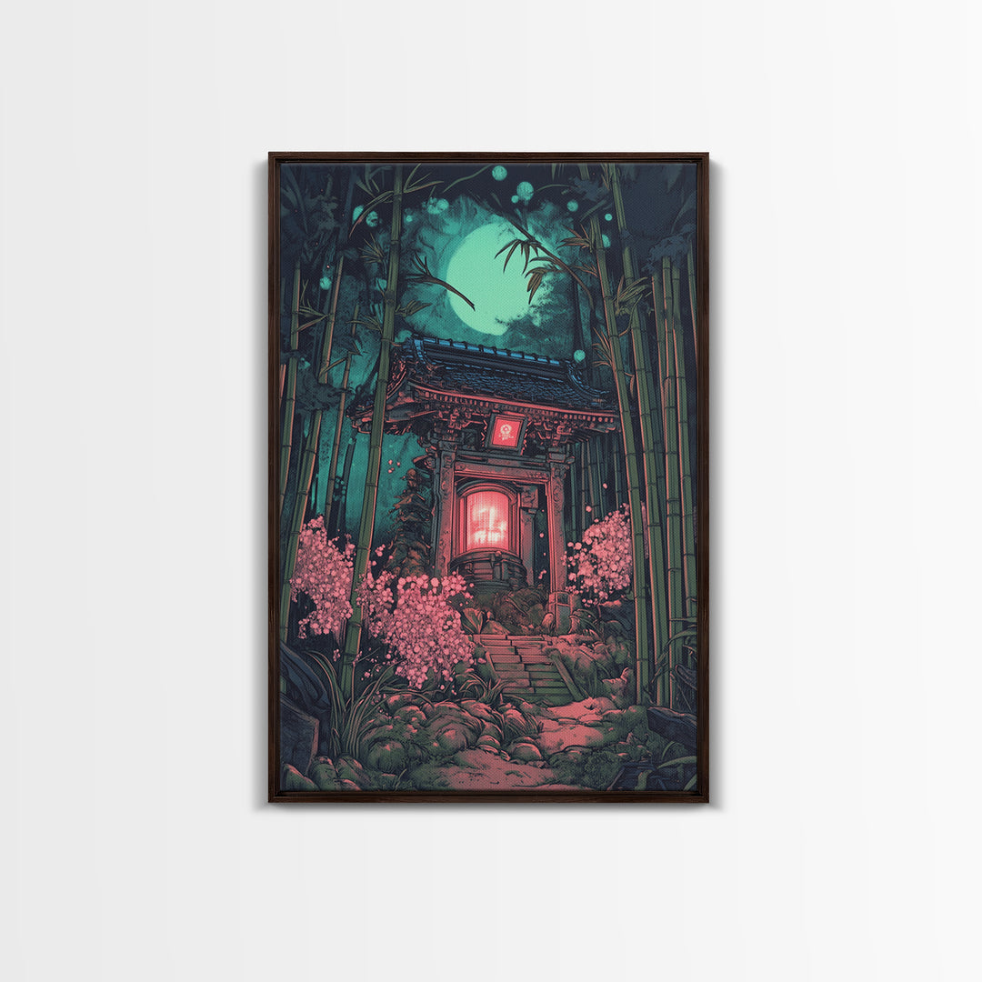 Moonlit Bamboo Shrine Wall Art, Japanese Moon Garden Canvas Print, Dark Botanical Japandi Decor, Pink Floral Temple Scene