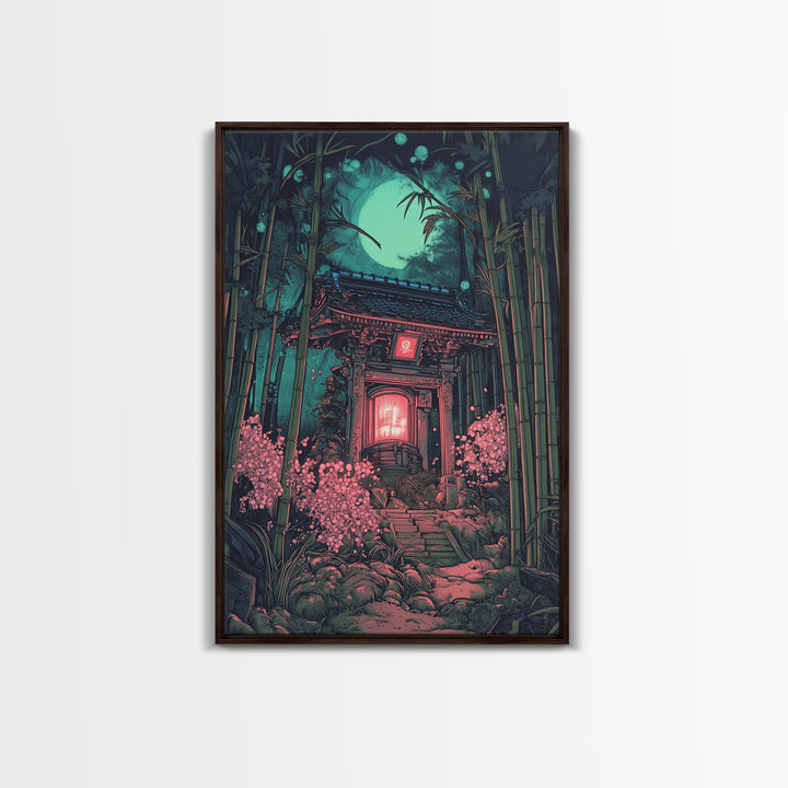 Moonlit Bamboo Shrine Wall Art, Japanese Moon Garden Canvas Print, Dark Botanical Japandi Decor, Pink Floral Temple Scene