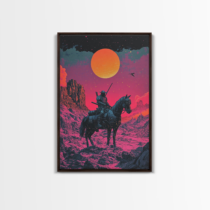 Samurai Horseback Desert Wall Art, Orange Sun Western Japanese Canvas Print, Retro Futuristic Warrior Decor Gift For Man Cave