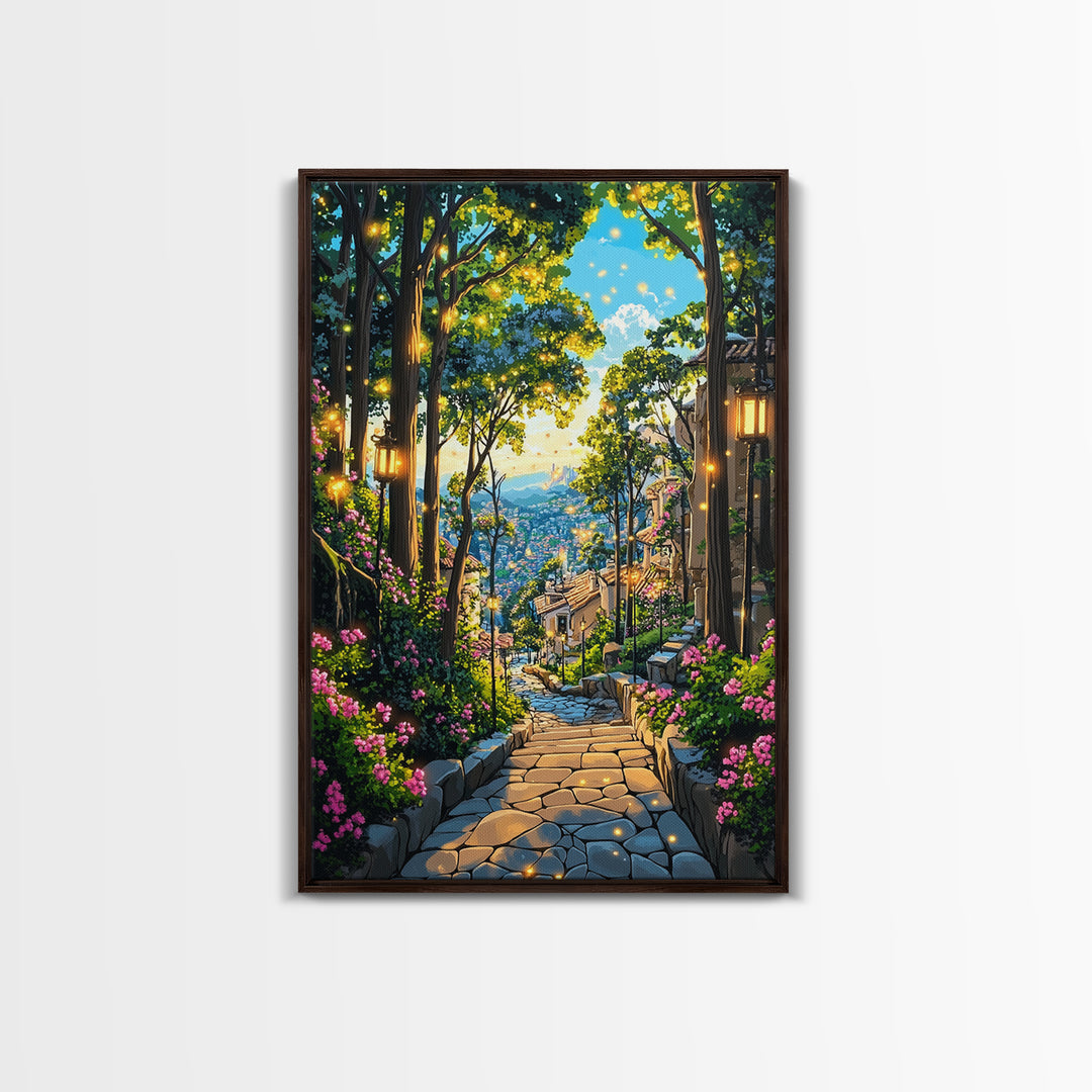 Glowing Forest Stairway Wall Art, Lantern Garden Path Canvas Print, Whimsical Coastal Village Decor For Living Room Gift