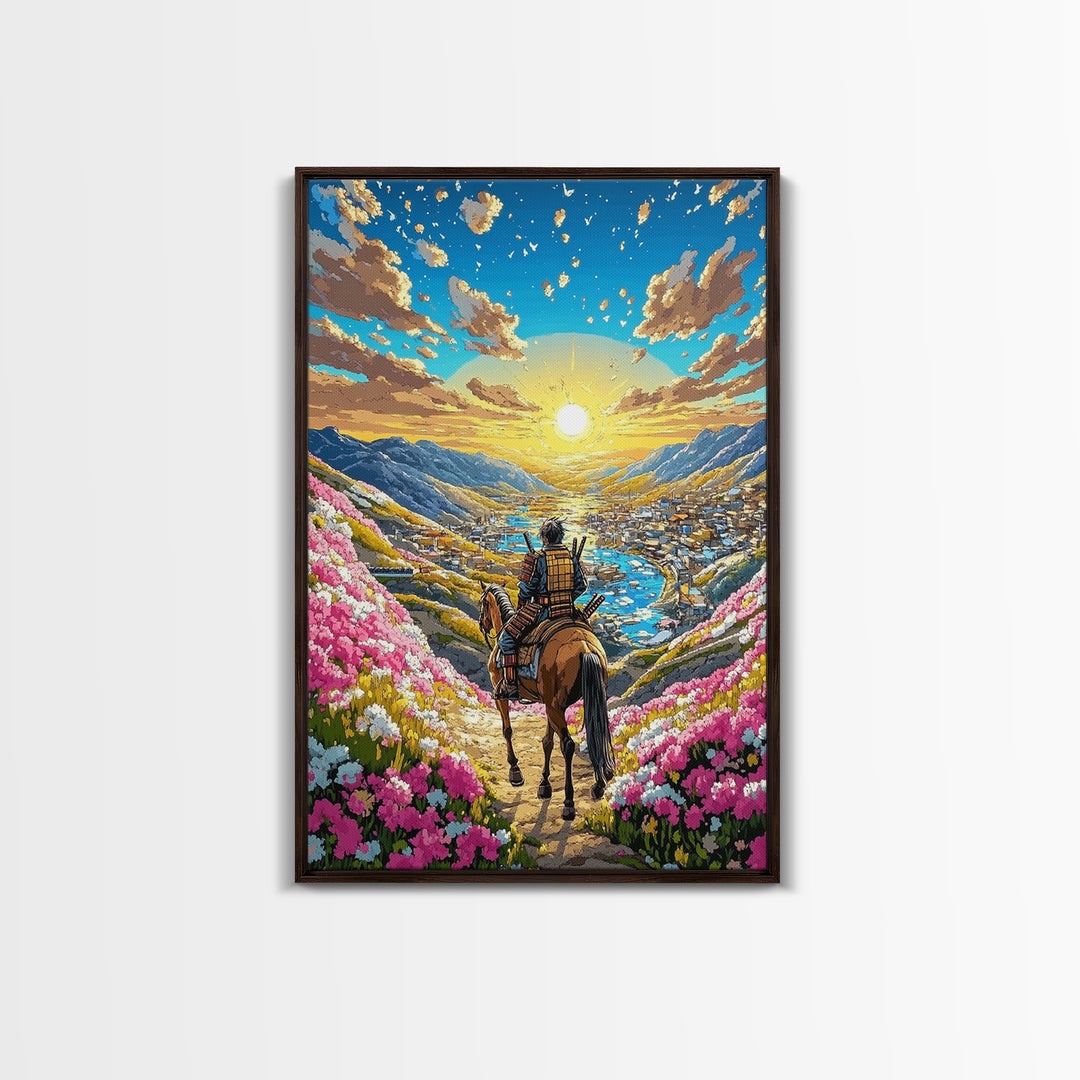 Horseback Warrior Valley Wall Art, Sunrise Mountain Landscape Canvas Print, Pink Flower Meadow Japanese Decor Gift For Home