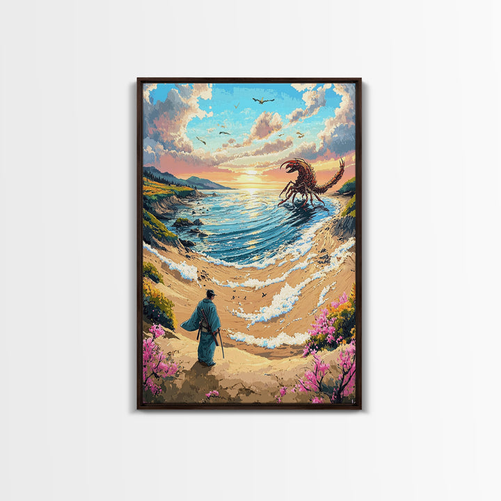 Giant Scorpion Seaside Wall Art, Samurai Beach Landscape Canvas Print, Fantasy Ocean Monster Japanese Decor Gift For Home