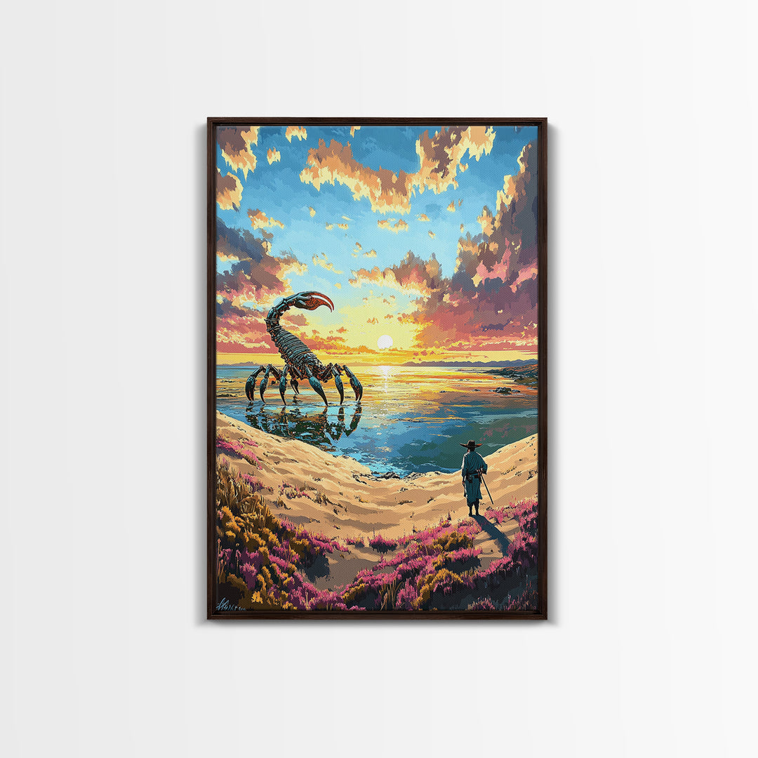 Giant Scorpion Beach Sunset Wall Art, Surreal Fantasy Landscape Canvas, Coastal Sci Fi Decor, Unique Gift For Him, Statement Artwork