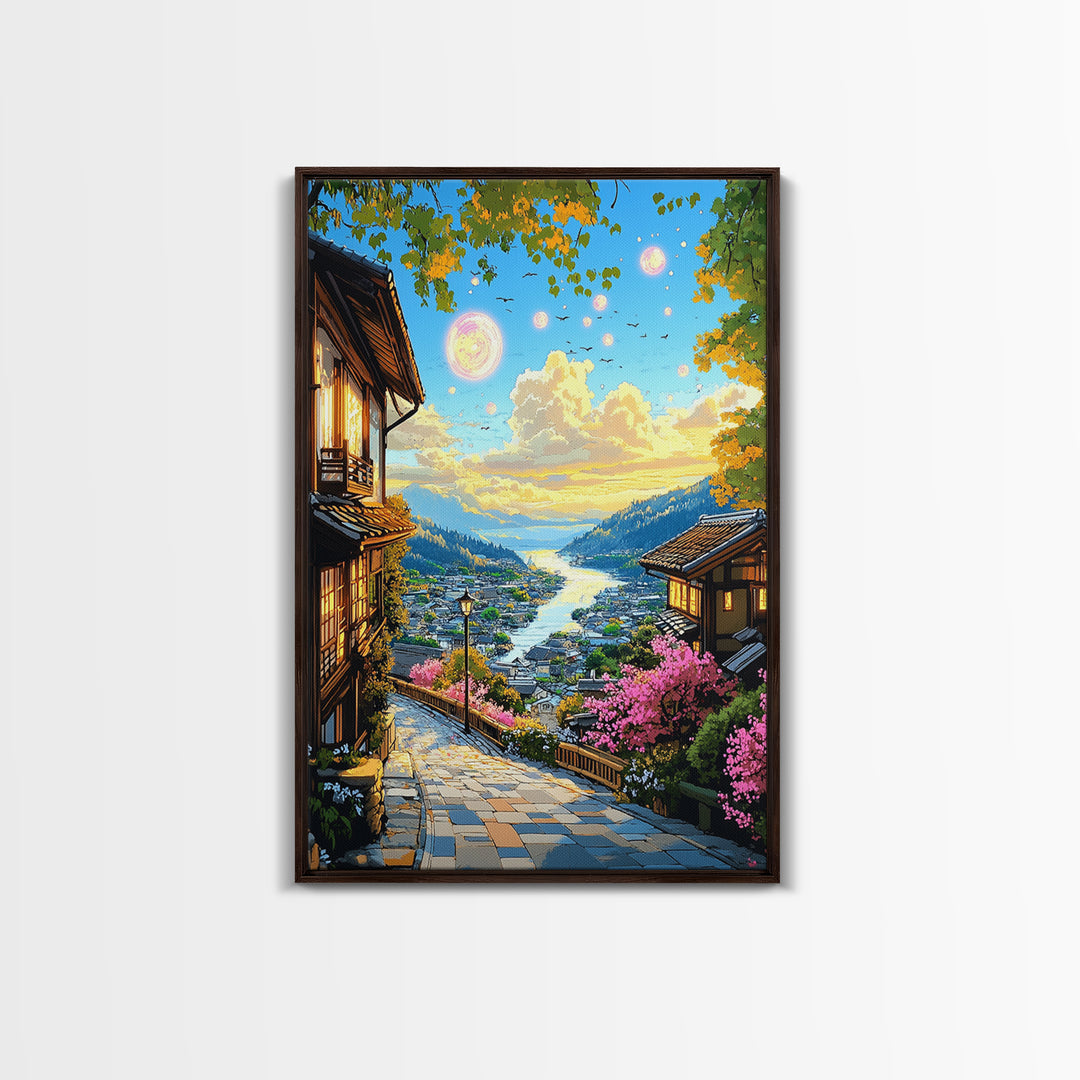 Magical Japanese Lakeside Village Canvas Print, Sunset Mountain Wall Decor, Cherry Blossom Art, Japandi Home Decor Gift Idea