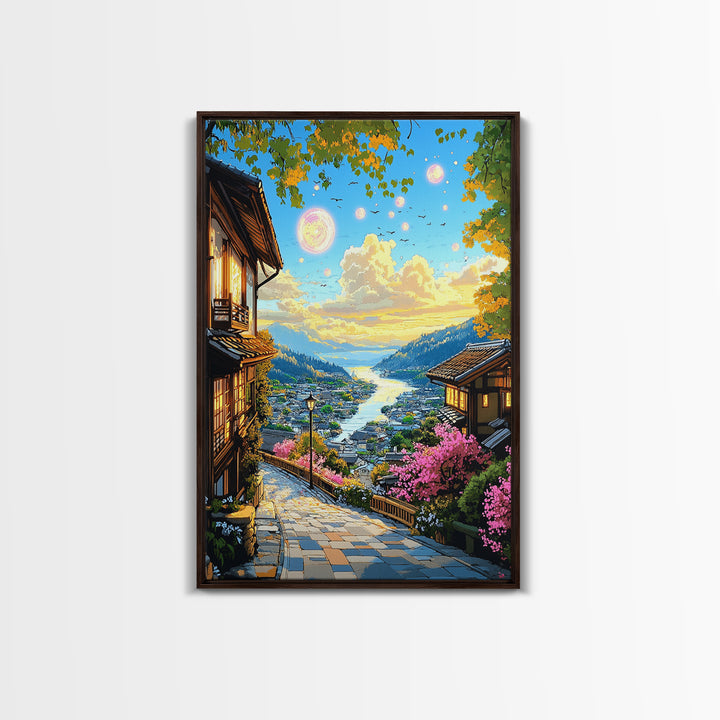 Magical Japanese Lakeside Village Canvas Print, Sunset Mountain Wall Decor, Cherry Blossom Art, Japandi Home Decor Gift Idea