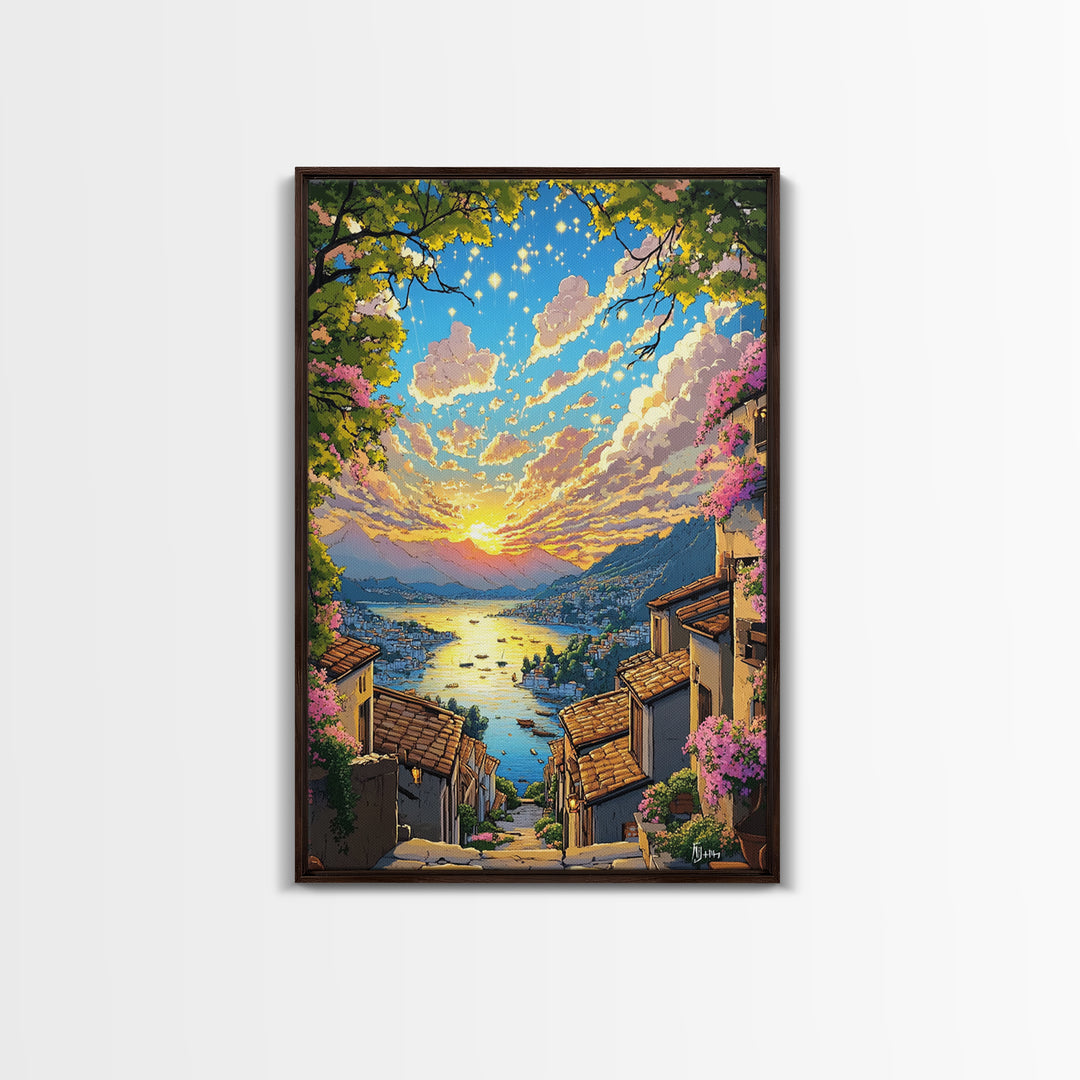 Italian Hillside Village Sunset Canvas Print, Coastal Lake Wall Art, Mediterranean Decor, Romantic Travel Poster Gift Idea