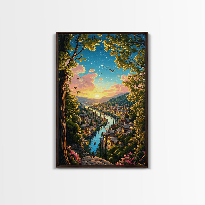 Sunset River City Through Forest Wall Art, Starry Landscape Canvas, Nature Decor, Cozy Living Room Art Print Gift For Her