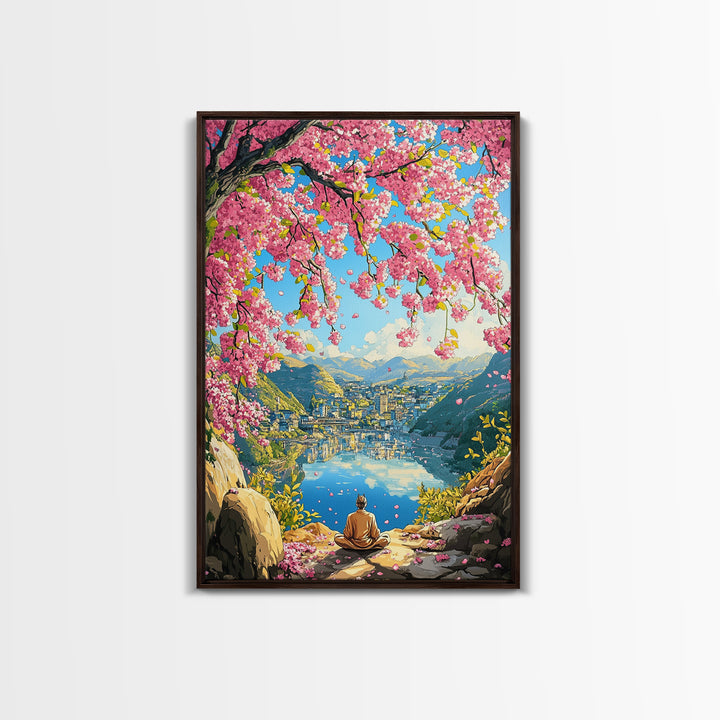 Cherry Blossom Lake Meditation Canvas Print, Japanese Mountain Wall Art, Spring Nature Decor, Peaceful Zen Gift For Her Idea