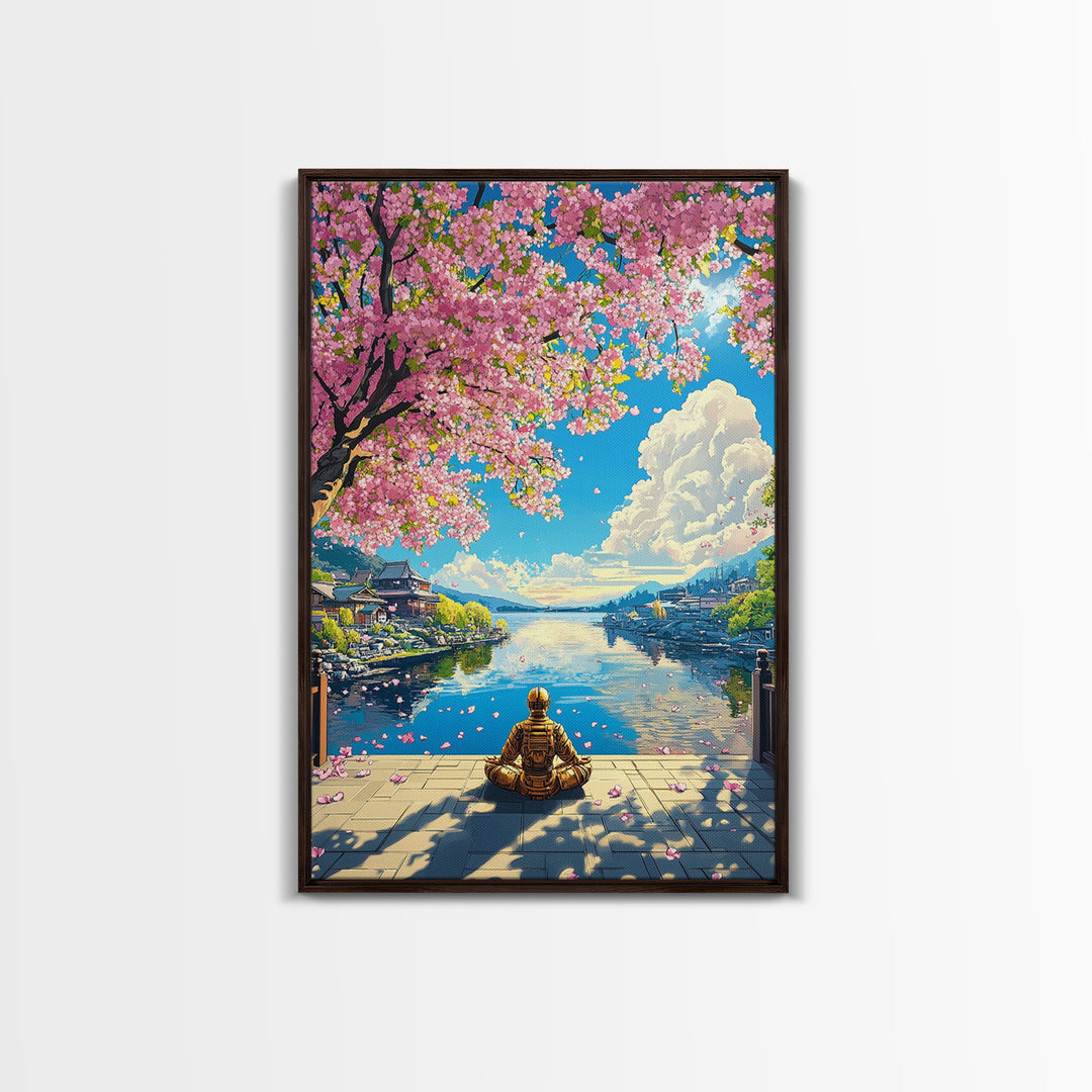 Meditating Samurai Under Pink Cherry Blossoms Wall Art, Japanese Landscape Canvas, Zen Decor, Living Room Art Print, Home Decor