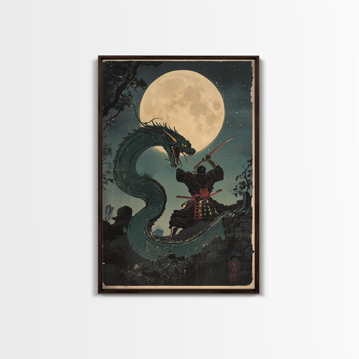 Moon Dragon Duel With Armored Samurai Framed Canvas Print, Japanese Fantasy Wall Art, Dark Academia Decor, Gift For Him, Office Decor