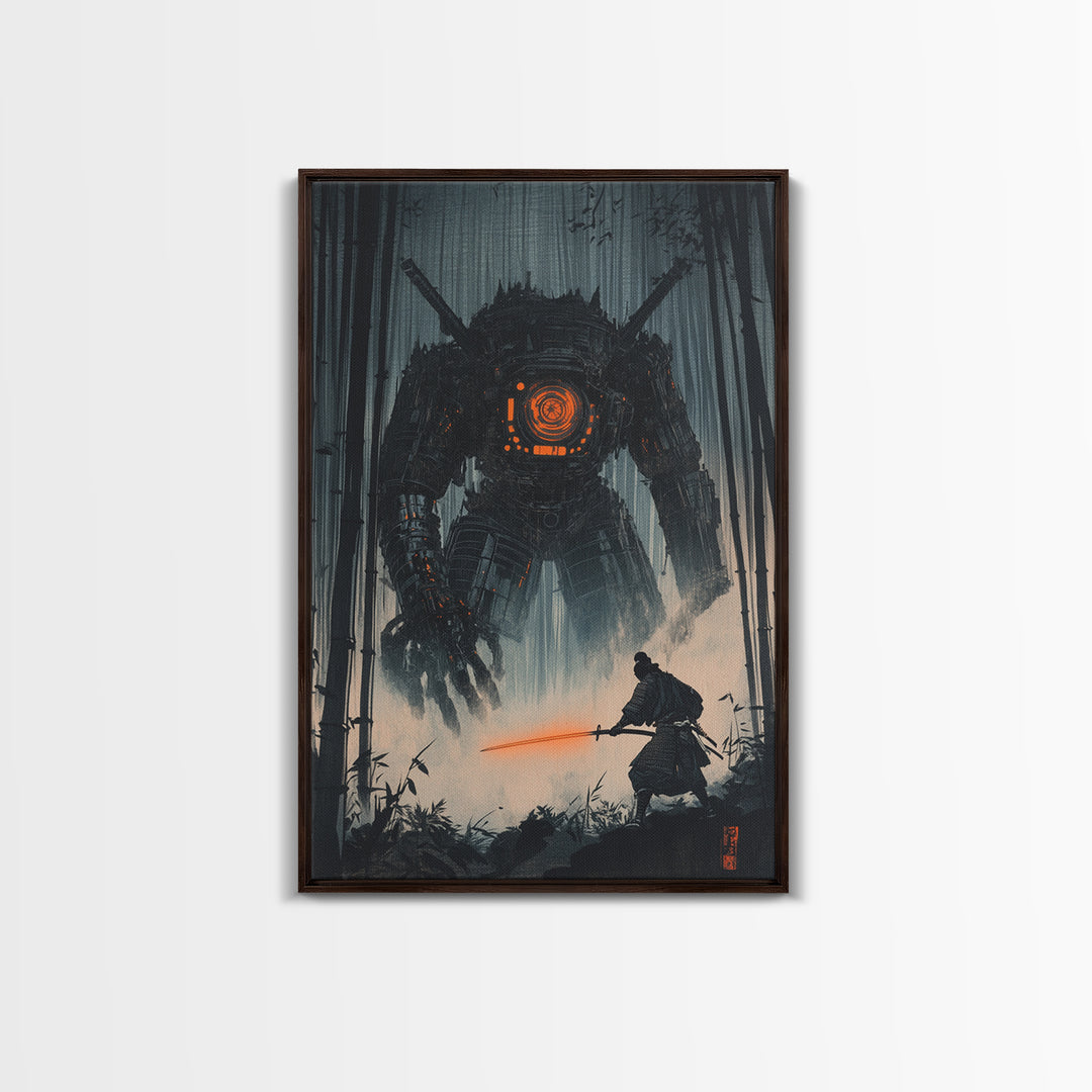 Dark Samurai Facing Giant Mech Wall Art, Cyberpunk Japanese Bamboo Forest, Neon Sword Framed Canvas Print, Office Wall Decor