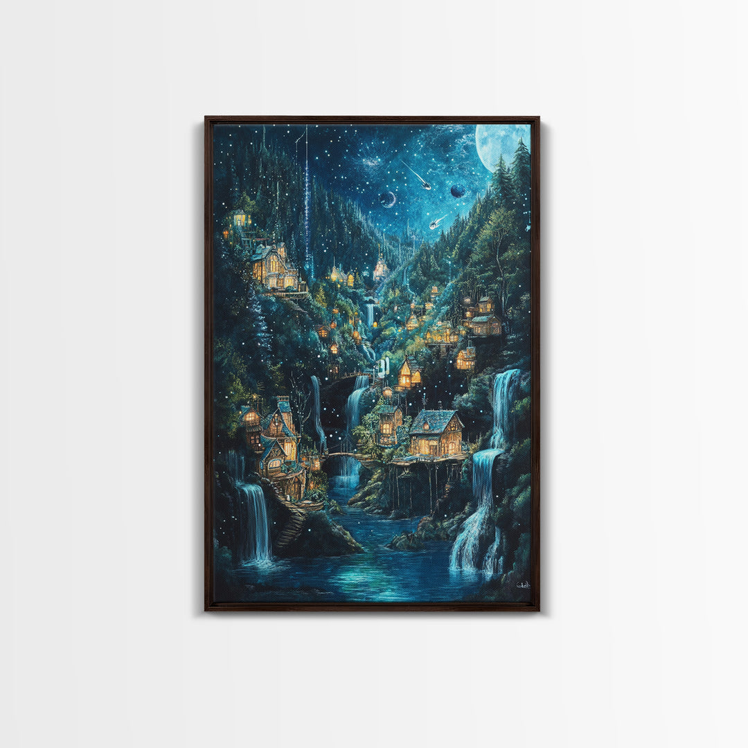 Starry Waterfall Village In Enchanted Forest Canvas Print, Fantasy Wall Art, Magical Cabin Decor, Cozy Living Room Decor