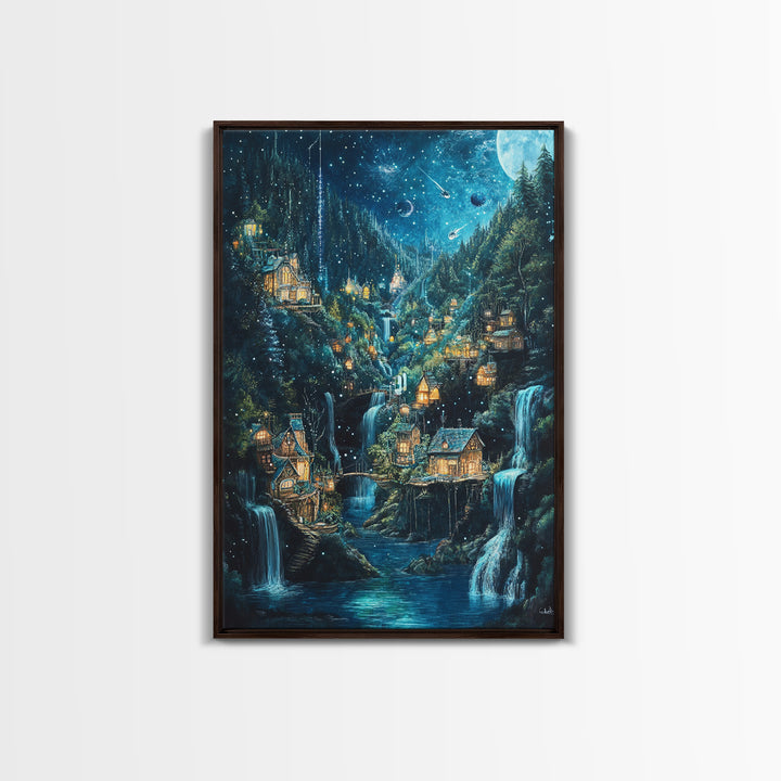 Starry Waterfall Village In Enchanted Forest Canvas Print, Fantasy Wall Art, Magical Cabin Decor, Cozy Living Room Decor