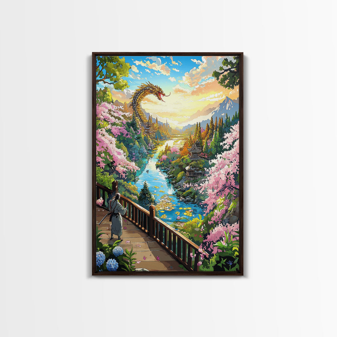 Golden Dragon Above Cherry Blossom Valley Wall Art, Japanese Fantasy Landscape, River Mountain Canvas Print, Zen Home Decor