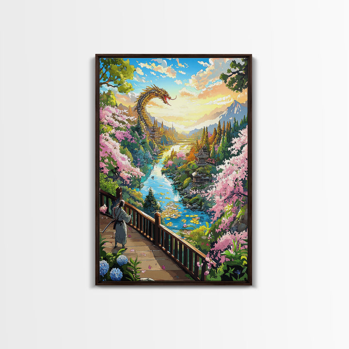 Golden Dragon Above Cherry Blossom Valley Wall Art, Japanese Fantasy Landscape, River Mountain Canvas Print, Zen Home Decor