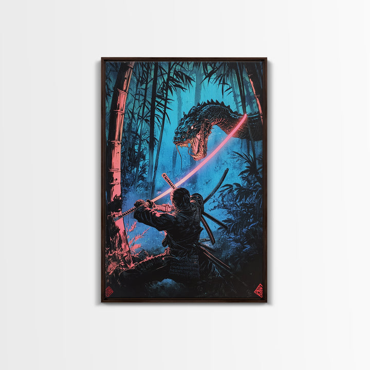 Neon Samurai Battling Serpent Dragon Wall Art, Cyberpunk Japanese Bamboo Forest, Dark Fantasy Framed Canvas Print, Office Decor